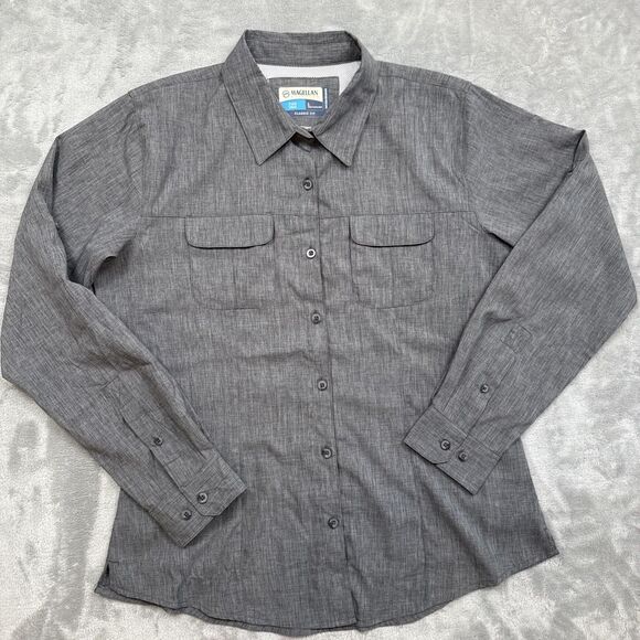 Magellan Outdoors Women’s Large Gray Button-Up Fishing Shirt Roll Tab Sleeves - Picture 1 of 7